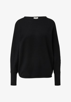 Schwarzer Pullover mit horizontaler Rippstruktur, weitem Boots-Ausschnitt, langen Ärmeln und einer lockeren Passform. Hergestellt aus weichem, atmungsaktivem Stoff.