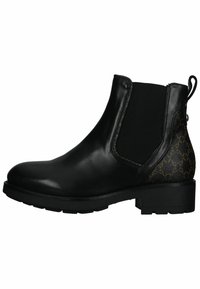 Bottines en cuir noir avec des panneaux latéraux élastiques et un dos texturé à motif marron. Design à bout rond et talon bas.