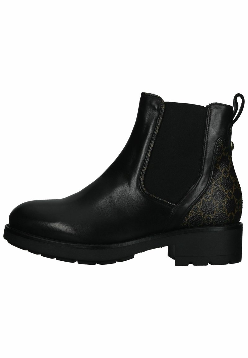 Bottines en cuir noir avec des panneaux latéraux élastiques et un dos texturé à motif marron. Design à bout rond et talon bas.