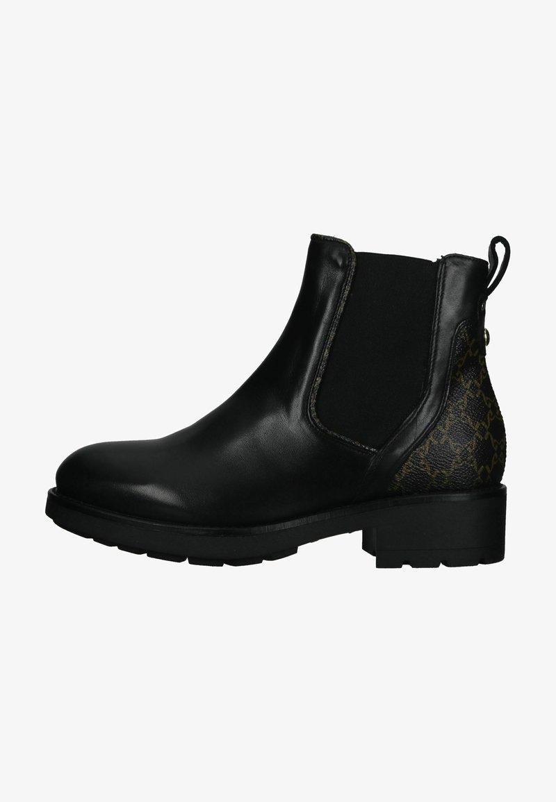 Bottines en cuir noir avec des panneaux latéraux élastiques et un dos texturé à motif marron. Design à bout rond et talon bas.