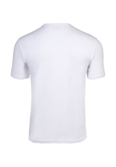 Egyszerű fehér rövid ujjú póló hátulról, kerek nyakkivágással, egyszínű fehér háttéren.