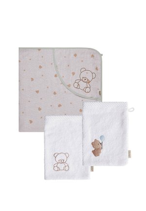Baby hooded towel and two white washcloths, each embroidered with a teddy bear; one bear holds a blue balloon, the towel has light brown spots.