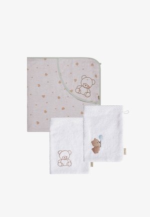 Baby hooded towel and two white washcloths, each embroidered with a teddy bear; one bear holds a blue balloon, the towel has light brown spots.