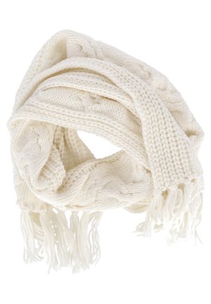 Strickschal in cremefarbener Farbe mit strukturiertem Muster und Fransenenden, die geflochtenen Akzente und ein gemütliches, weiches Erscheinungsbild aufweisen.