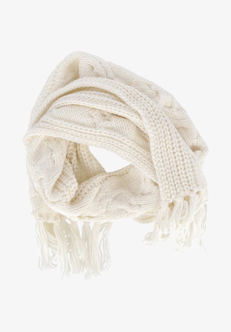 Strickschal in cremefarbener Farbe mit strukturiertem Muster und Fransenenden, die geflochtenen Akzente und ein gemütliches, weiches Erscheinungsbild aufweisen.