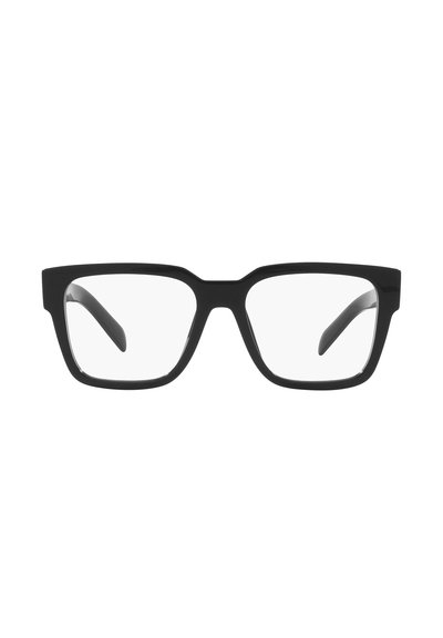 Occhiali rettangolari neri con finitura opaca, lenti trasparenti e aste leggermente curve. Design semplice senza accenti aggiuntivi.