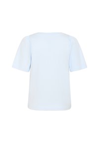 Top corto de manga corta en azul claro con un corte relajado, con un escote redondeado y detalles fruncidos en los hombros. Material de algodón suave.