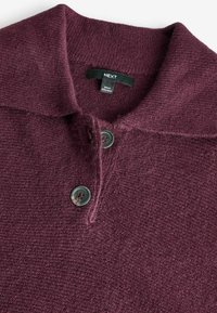 Bourgogne sweater med et blødt, struktureret strik. Har en krave, to mørke knapper og en label med teksten "NEXT" ved halsen.