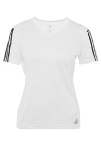 Camiseta deportiva blanca de tejido transpirable, con mangas cortas, cuello en V y rayas verticales negras a lo largo de los hombros.