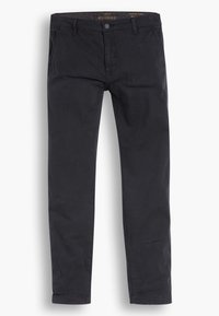 Black chino pants made of sturdy cotton fabric. Features a button closure, standard taper fit, and side pockets. Smooth texture, no patterns.