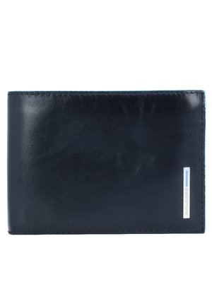 Navy blue leather wallet with a smooth texture, rectangular shape, featuring a silver-accented logo on the front, no visible patterns.