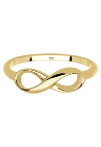 Guld uendelighedssymbol ring, glat poleret overflade, rund ring, og stemplet med "375" for guldrenhed. Størrelse og tekstur visuelt defineret.