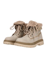 Beige Knöchelstiefel mit Kunstfellkragen, leichtem Aufbau, runder Zehenpartie und strukturiertem Gummisohle. Mit Schnürsenkeln und einem metallischen Akzent.