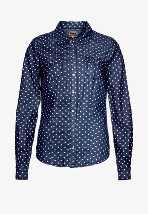 Camicia a maniche lunghe blu navy con bottoni, con pois bianchi e due tasche sul petto.