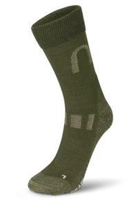 Olivgrüne Socke mit geripptem Bündchen, strukturiertem Körper und gemusterten Akzenten. Verfügt über eine verstärkte Ferse und Zehen für Langlebigkeit.