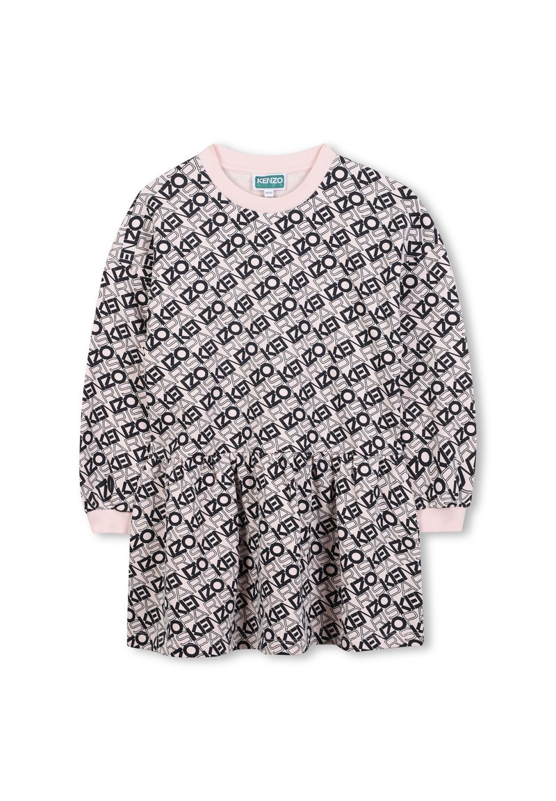 Sukienka z długim rękawem w miękkim różowym kolorze z czarnym geometrycznym wzorem. Okrągły dekolt i bufiaste spódnica. Różowe ściągacze na rękawach.