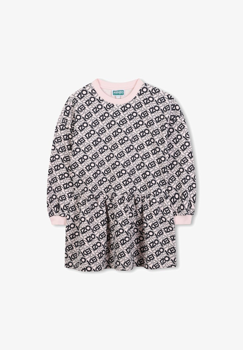 Sukienka z długim rękawem w miękkim różowym kolorze z czarnym geometrycznym wzorem. Okrągły dekolt i bufiaste spódnica. Różowe ściągacze na rękawach.