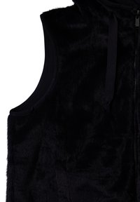 Svart fuskpälsväst med huva, med dragkedja, texturerad yta och utan ärmar. Enkelt design utan ytterligare utsmyckningar.