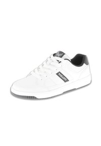 White sneakers with black accents, made of synthetic material. Features lace closure, padded collar, and textured rubber sole.