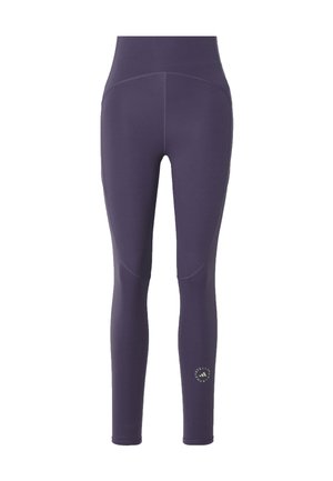 Paarse legging met een hoge taille. Gemaakt van rekbaar materiaal. Heeft een zachte textuur en een cirkelvormig logo in een contrasterende kleur nabij de enkel.