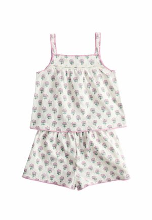 White sleeveless top and shorts set with pink flower pattern and pink trim, designed for a child.