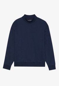 Sudadera azul marino con un alto cuello, mangas largas y un ajuste relajado. Hecha de una tela suave y lisa con puños y dobladillo acanalados.