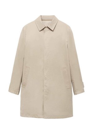 Beżowy, lekki płaszcz o prostym kroju, z ukrytym zapięciem na guziki, dużymi bocznymi kieszeniami i klasycznym kołnierzem. Gładka tekstura, minimalistyczny design.