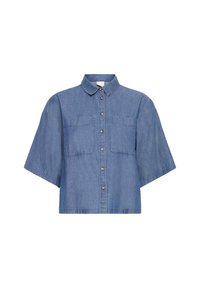 Jeanshemd in Hellblau mit Kragen, kurzen Ärmeln und zwei Brusttaschen. Verfügt über eine Knopfleiste und eine lockere Passform.