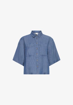 Denim shirt in light blue with a collared neckline, short sleeves, and two chest pockets. Features button closure and a relaxed fit.