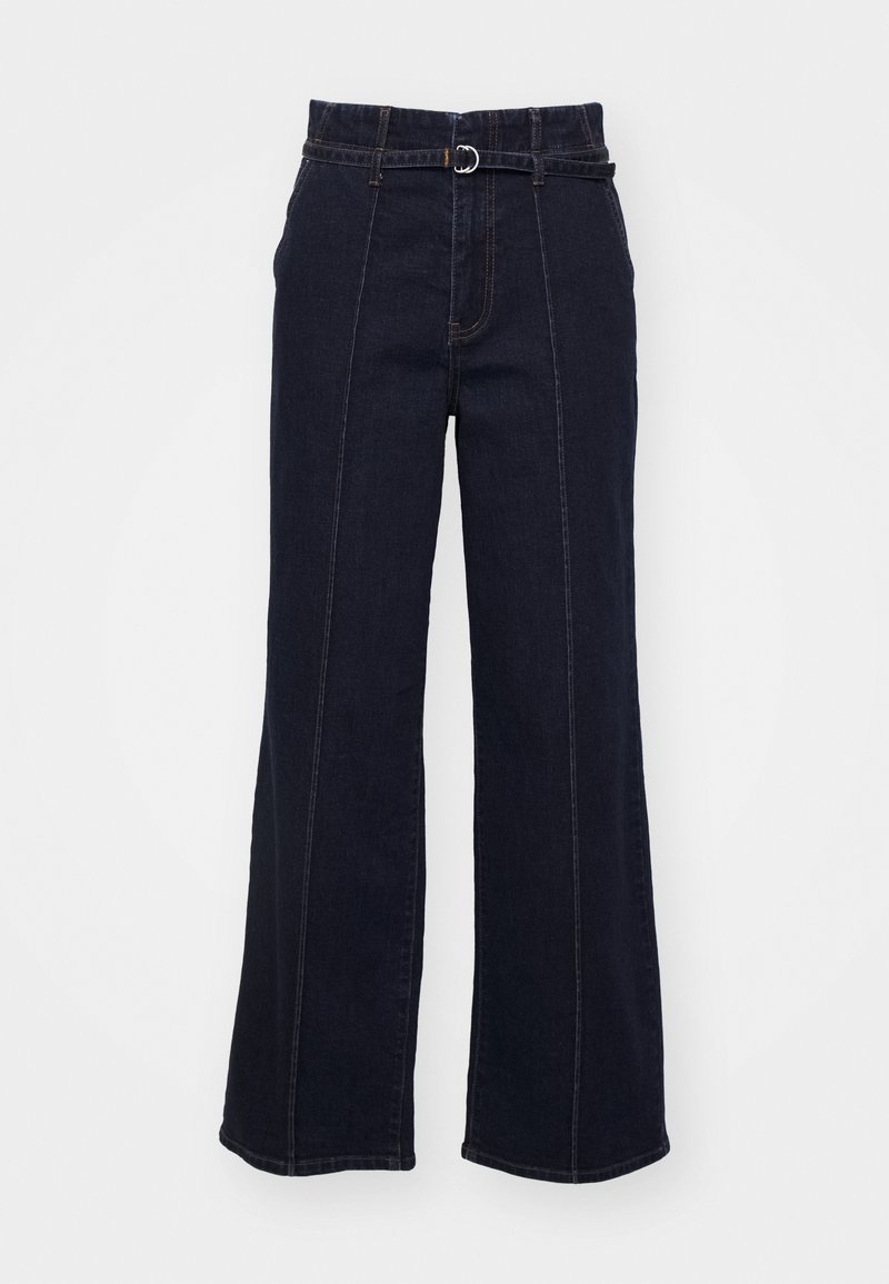 Donker denim wijde broek met een hoge taille, riemlussen, een zichtbare riem en contrasterende stiksels langs de voornaad.