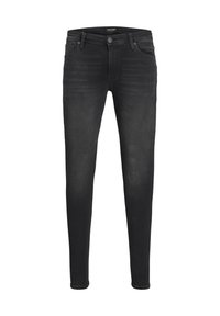 Jeans negros de corte slim con cinco bolsillos y cierre de botón, con un ligero desvanecimiento en los muslos frontales.