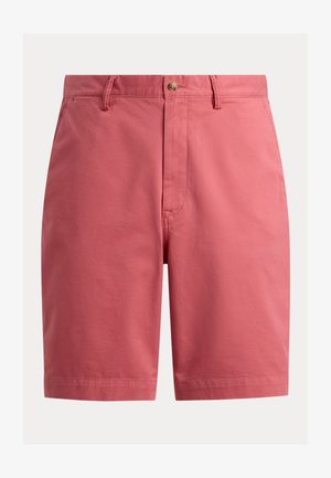 Pantaloni scurți chino pentru bărbați, lungime standard, culoare roz somon, cu bucle pentru curea, închidere frontală cu nasturi și buzunare laterale, prezentate întinse pe un fundal alb.