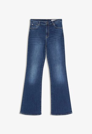 Modré džíny z denimu s vysokým pásom, päťvreckovým štýlom a rozšírenými nohavicami, s jemným vyblednutím na stehnách a kolenách.