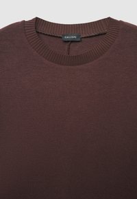 Bordeaux-roter Pullover mit geripptem Rundhalsausschnitt. Weicher Stoff, gestrickter Stoff und ein Etikett mit der Aufschrift "CALLIOPE" im Nacken.
