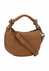 Tan leren handtas met een afgeronde vorm, een geknoopte handgreep en een verstelbare schouderriem. Voorzien van zilverkleurige metalen hardware.