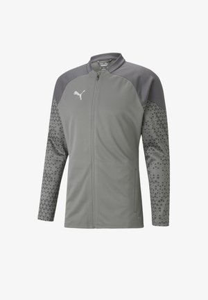 Graue Track-Jacke mit Reißverschluss vorne, strukturiertem Hauptteil und gemusterten Ärmeln, die geometrische Akzente in dunklerem Grau aufweisen. Puma-Logo auf der Brust.