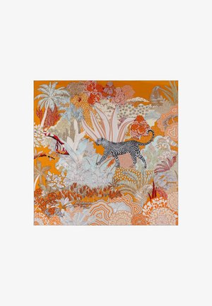 Colorful textile featuring a leopard among intricate foliage. Predominantly orange background with detailed patterns in light and dark hues.
