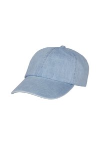 Gorra de béisbol de denim de color azul claro con visera curva, diseño de seis paneles y un botón en la parte superior; la tela tiene un aspecto ligeramente texturizado.