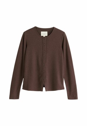 Brauner Langarm-Cardigan mit rundem Ausschnitt und Knöpfen vorne, flach auf weißem Hintergrund präsentiert.