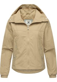 Beige lättviktsjacka med dragkedja framtill, hög krage och tryckknappar. Har elastiska manschetter och en avslappnad passform. Tillverkad av texturerad tyg.