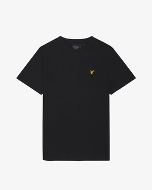 Čierne bavlnené tričko s krátkymi rukávmi, okrúhlym výstrihom a malým žltým vyšívaným logom na ľavej strane hrude.