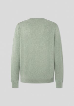 Suéter verde claro, diseño simple, textura de punto, cuello redondo, mangas largas, puños y dobladillo acanalados, sin patrones ni adornos visibles.