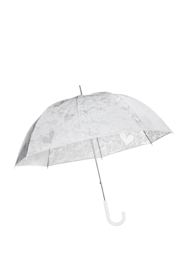 Ombrello trasparente con motivo in pizzo bianco, caratterizzato da dettagli a forma di cuore e una struttura in metallo argentato. Manico curvo bianco per una presa comoda.