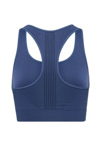 Mörkblå sportbh med racerback-design, texturerade paneler och mesh-detaljer för andningsförmåga. Slättyg med elastisk kant.