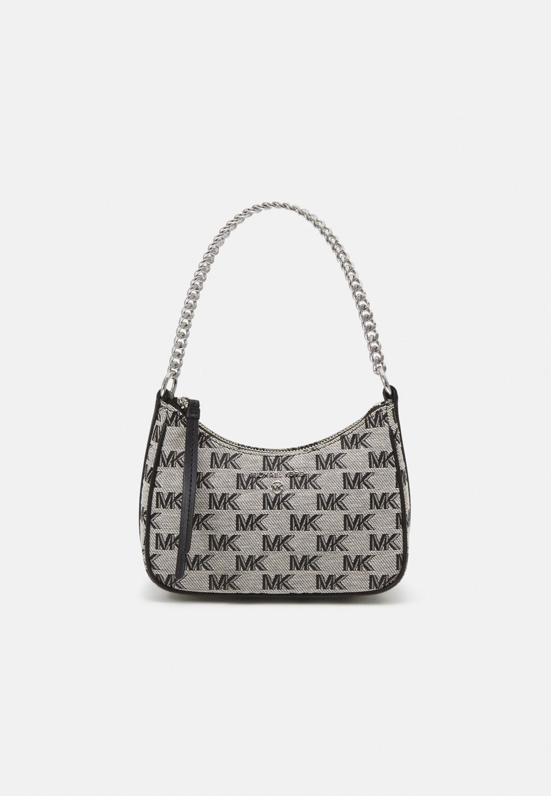 Borsa hobo in tessuto grigio a motivo con loghi neri MK, tracolla in catena tono argento e chiusura a zip su un lato. Texture liscia.