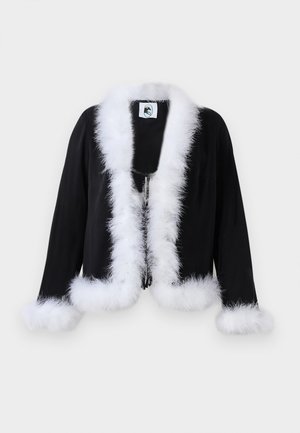 Black cropped jacket with white faux fur trim at the collar and cuffs. Features a zipper closure and a soft texture. White tag inside.