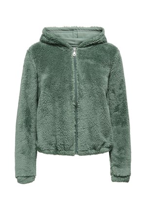 Weicher, grüner, flauschiger Kapuzenpullover mit Reißverschluss, langen Ärmeln und elastischem Saum, entworfen für Wärme und Komfort.