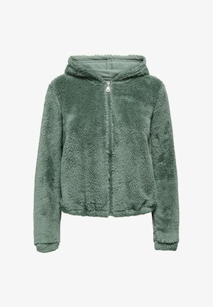 Mīksta, zaļa, pūkaina rāvējslēdzēja džemperis ar garām piedurknēm un elastīgu apakšmalu, paredzēts siltumam un komfortam.