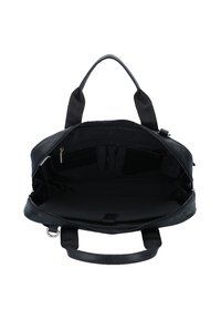 Black leather tote bag with dual top handles, spacious interior, zippered pocket, and multiple compartments. Smooth texture and minimal design.