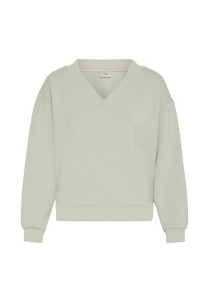 Lekko szałwiowy zielony longsleeve z dekoltem w serek, ściągaczami przy mankietach oraz prostym dołem.